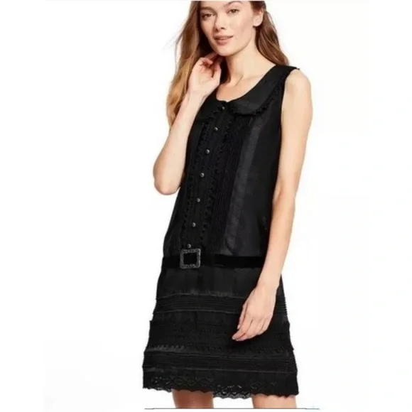 Anna Sui x Target Shift Dress Black Satin 20s Drop Waist Peter Pan Collar - Picture 2 of 15